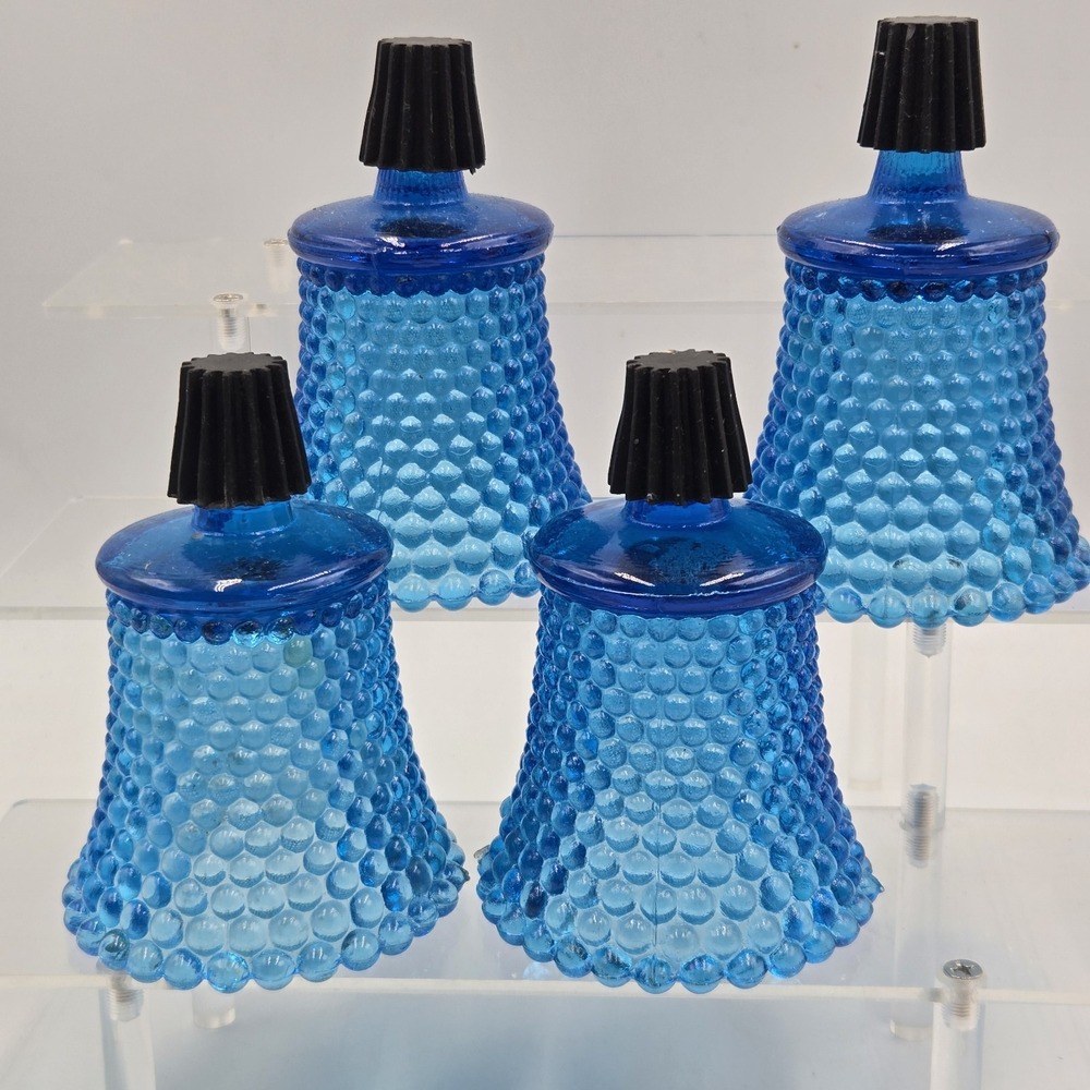 Vtg Set of 4 Blue Hobnail Glass Peg Votive Candle Holders w Rubber Adaptors